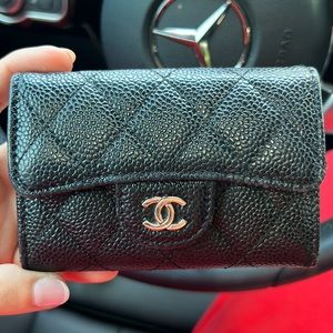 Caviar Quilted Flap Card Holder Wallet Black